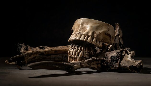 Aged Human Skull Resting on Weathered Bone in Dark Studio Setting