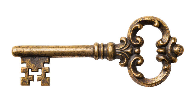 Antique ornate brass skeleton key with decorative bow