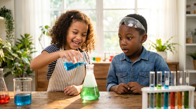 Zwei gl&uuml;ckliche afrikanische Kinder beim Chemie-Experiment zu Hause &ndash; M&auml;dchen gie&szlig;t Fl&uuml;ssigkeit in Erlenmeyerkolben, Junge schaut fasziniert zu