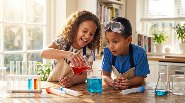 Zwei gl&uuml;ckliche afrikanische Kinder beim Chemie-Experiment zu Hause &ndash; M&auml;dchen gie&szlig;t Fl&uuml;ssigkeit in Erlenmeyerkolben, Junge schaut fasziniert zu