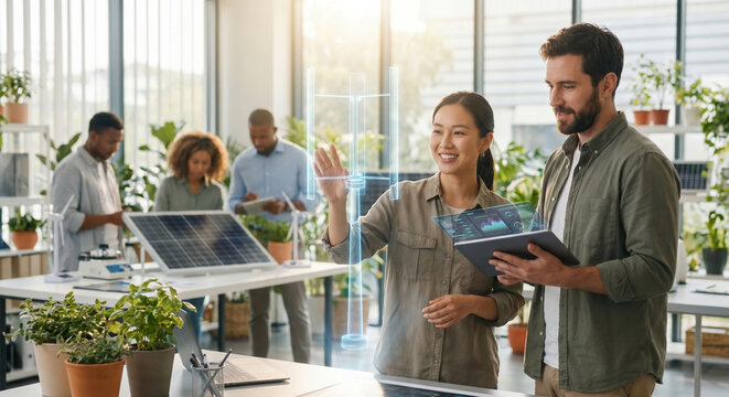 Ingenieure entwickeln nachhaltige Energiel&ouml;sungen im modernen B&uuml;ro &ndash; Asiatische Frau und Kollege analysieren das Hologramm