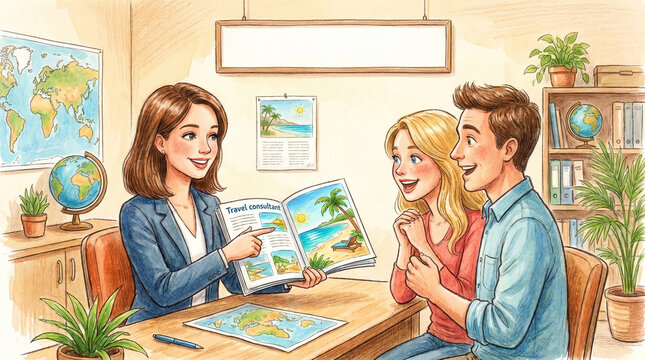 Reiseberatung im Reiseb&uuml;ro &ndash; gl&uuml;ckliches Paar plant Traumurlaub mit Reiseberaterin und Strandkatalog