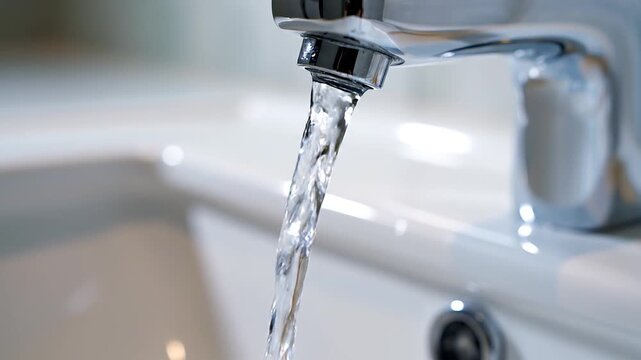 Close-up of clean water flowing from a chrome bathroom faucet