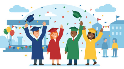 Fototapeta premium Diverse Graduates Tossing Caps at University Ceremony. Group of Happy Students Celebrating Graduation Day. Flat Vector Colorful Commencement Party.