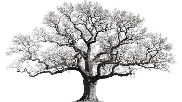 Large bare oak tree with intricate branches against white
