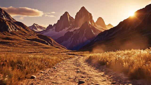 Golden hour mountain landscape with a rocky valley path