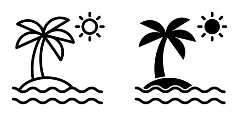 Obraz premium Tropical Island Icons, Palm Tree Beach Scene Vector Graphics, Sunny Seaside Holiday Symbols