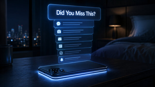 Futuristic blue hologram interface rising from smartphone on nightstand with "Did You Miss This?" notification text