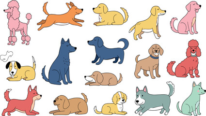 Obraz premium Cute Cartoon Dog Collection Set with Different Breeds Puppies in Sitting Running and Playing Poses Vector Illustration Bundle