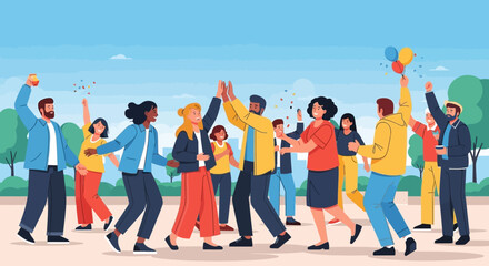 Obraz premium People celebrating a Victory Day with joyful movements outdoors