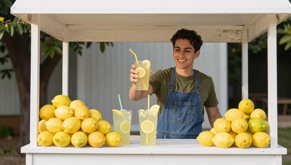 Obraz premium Smiling vendor stands at white lemonade stand holding glass of fresh drink for customer