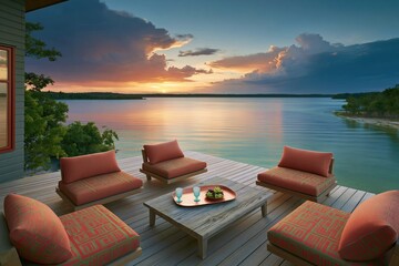 Fototapeta premium Sunset lake deck with coral lounge seats for waterfront wallpaper and outdoor relaxation banner design for vacation settings