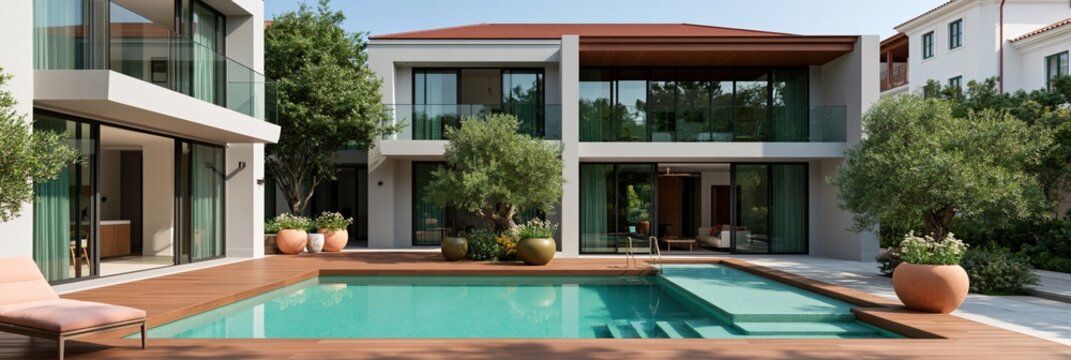 Modern luxury villa with swimming pool and wooden deck for background banner and real estate exterior design