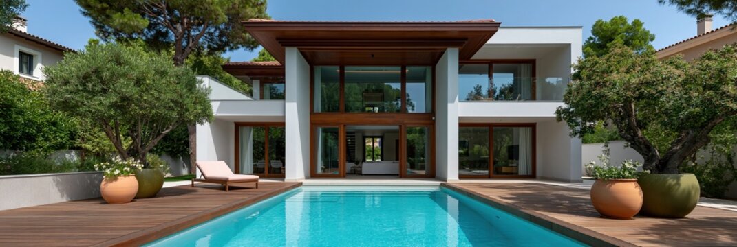 Contemporary modern villa with pool and poolside deck framed by potted plants and loungers for luxury real estate background