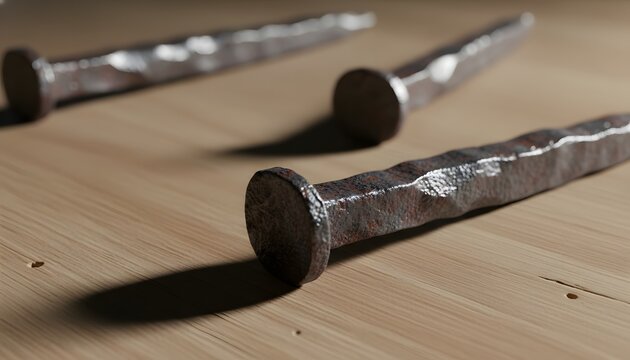 Close up of rustic old forged metal nails with uneven surface lying on a wooden board, depicting craftsmanship and strength concept in dramatic cinematic lighting