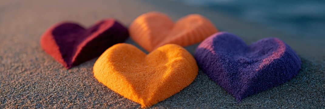 Colorful heart shaped sand sculptures in orange purple and red on beach for romantic valentines background banner or seaside decoration design