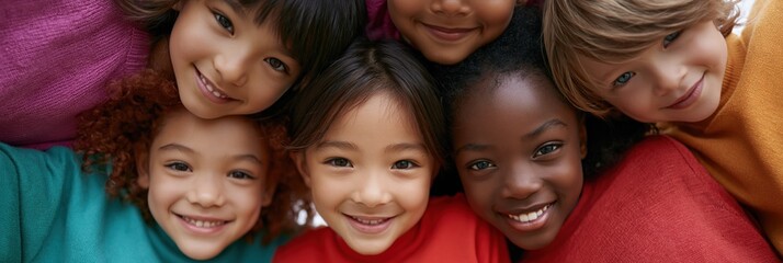 Obraz premium Diverse smiling children group closeup for school banner and education background promoting friendship teamwork and inclusion
