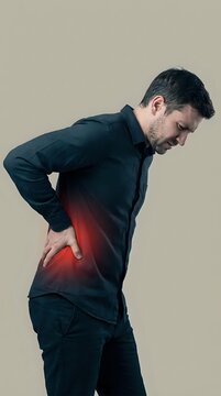 Adult Caucasian man holding his lower back with red pain highlight, suffering from acute backache on neutral background.