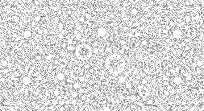 Black and white intricate geometric Islamic pattern background