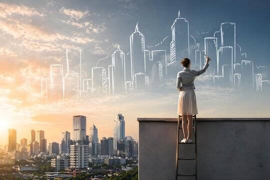 Businesswoman on ladder drawing futuristic skyscrapers on city skyline at sunset, symbolizing innovation and ambition.