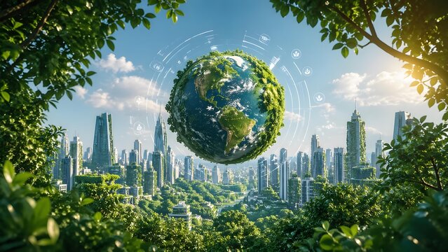 A vibrant blend of nature and technology showcasing a sustainable future of urban living with a floating globe.