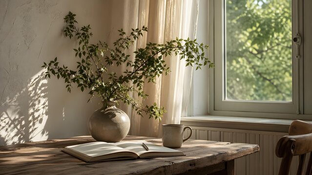 Cozy sunlit corner with a book, mug, and vase on a rustic wooden table by a bright window.