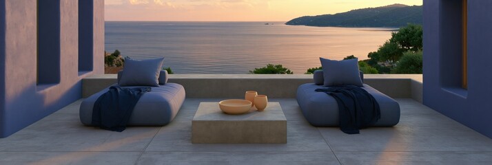 Obraz premium Panoramic sea view terrace at sunset with lounge cushions and stone table for wallpaper and banner design