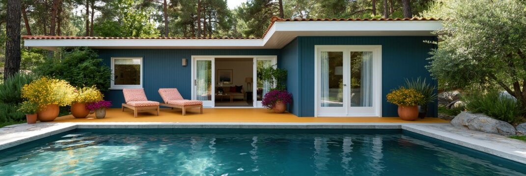 Modern poolside house exterior background with loungers and potted plants for summer banner and wallpaper design
