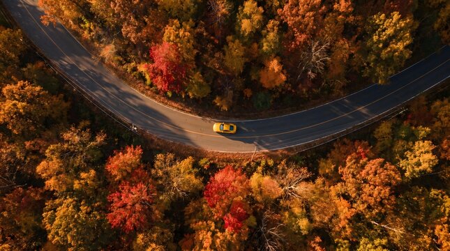 A vibrant autumn landscape with a yellow car winding through colorful foliage on a scenic road.