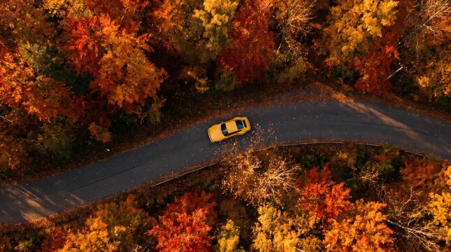 Aerial view of a yellow car driving along a winding road surrounded by vibrant autumn forest.
