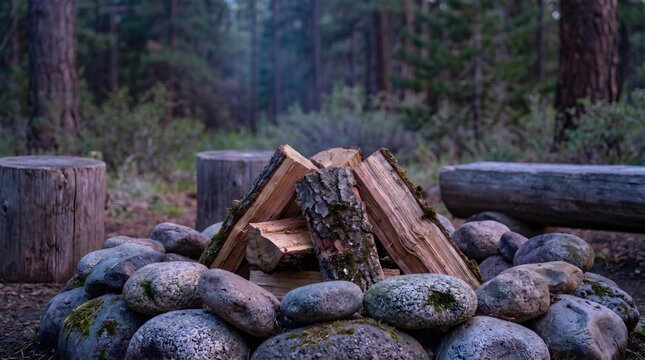 Unlit campfire with stacked firewood surrounded by stones and wooden seating in a forest setting.