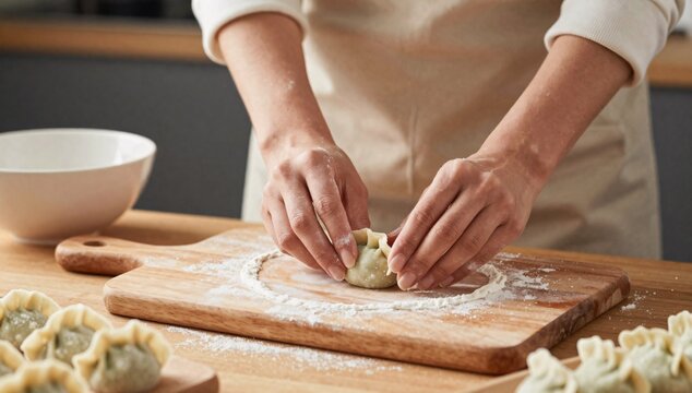 Woman's hands carefully shaping a dumpling on a wooden board dusted with flour