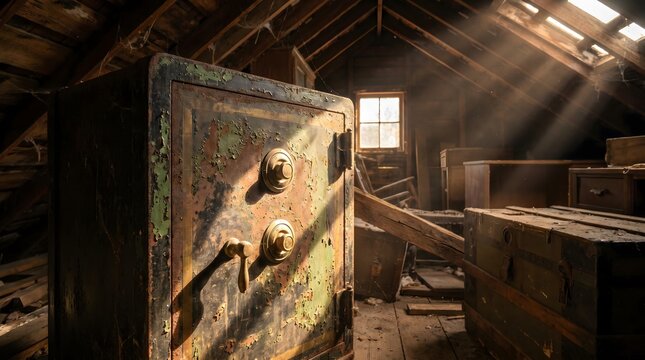 Rusty antique safe in a dusty attic illuminated by sunbeams coming through the roof window.