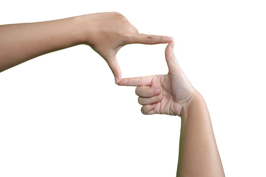 Woman hands making a cool frame . Isolated on a white background.