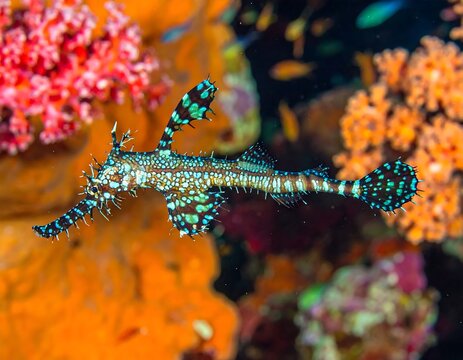 Colorful Ornate Ghost Pipefish Swimming Near Vibrant Coral Reef