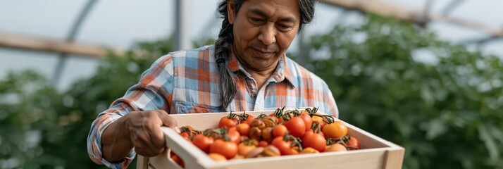 Fototapeta premium Middle aged man examining harvested tomatoes in greenhouse farm