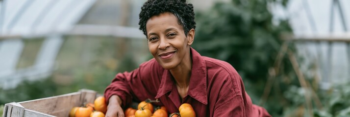 Fototapeta premium Woman smiling beside crate of tomatoes inside greenhouse