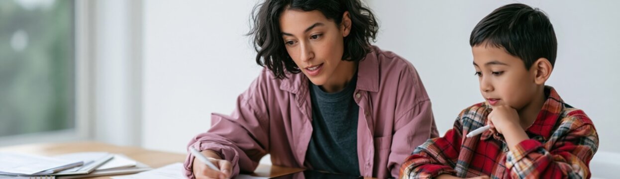 Woman tutoring young boy at home study table with materials