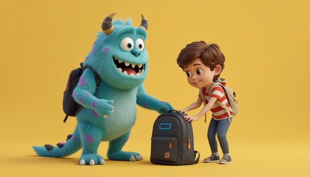 There is a little boy standing next to a monster with a backpack