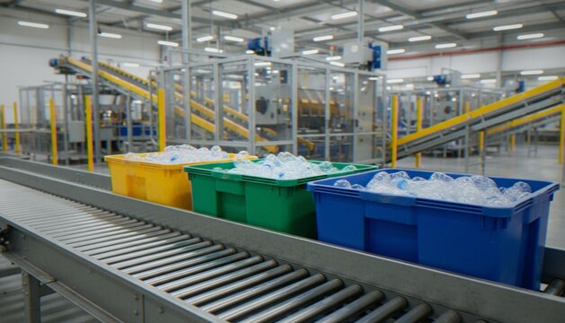 Plastic bottles in colorful crates on a conveyor belt at a recycling facility or beverage bottling plant.