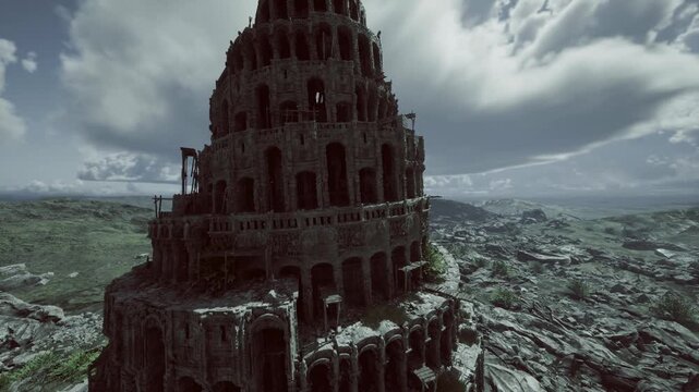 tower summit with crumbled parapets and open arches, windcarved stone edges and panoramic sky visible through openings, raw texture and exposure to elements