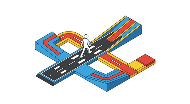Isometric illustration of person crossing colorful pathways.