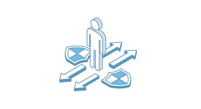 Digital illustration of person surrounded by security shields and arrows.