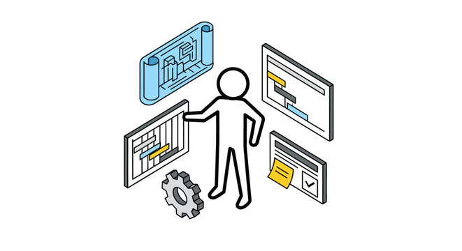 Person managing digital technology and system interfaces concept.