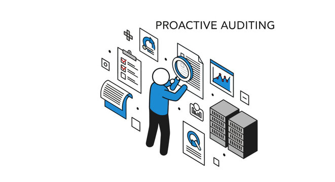Illustration of proactive auditing with digital technology icons.