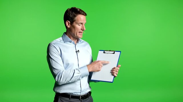 Man presenting blank clipboard on green screen for custom messaging businessman presenter