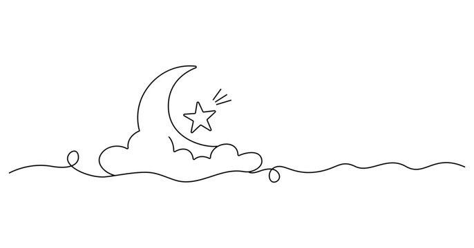 Continuous line drawing Minimalist moon, star, and cloud line art, simple night sky vector illustration, dreamy celestial scene, continuous one-line drawing