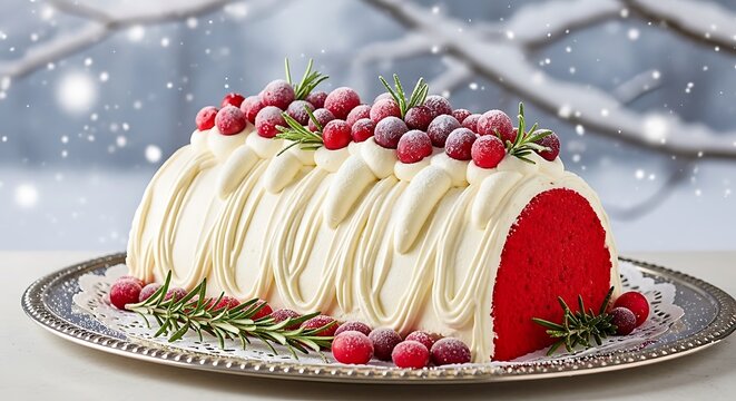 Delicious christmas yule log cake with red cranberries and green rosemary served on a silver plate for holidays. b�che de no�l