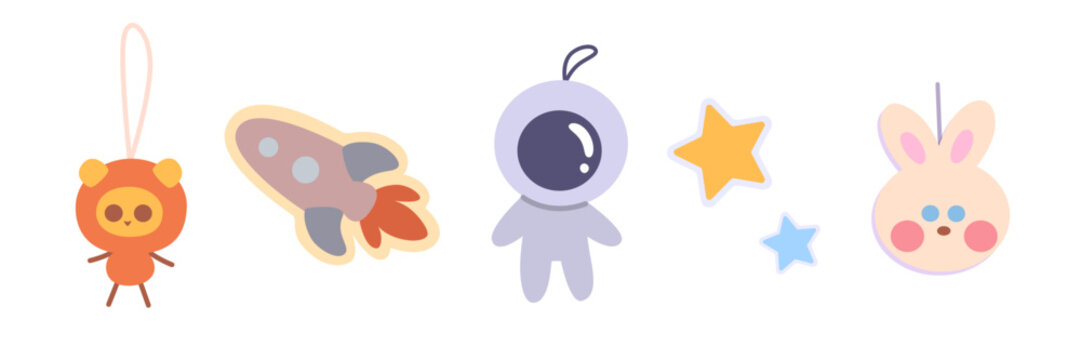 Cute toy set. Toys for backpack. Cute figures with string loop, insect , shape, rocket shape, astronaut figure, bunny face, star elements on light background. Pastel minimal vector illustration.