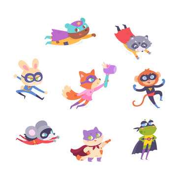 Superhero animals set. Cute funny zoo collection of monkey bunny bear frog mouse fox raccoon deer cat. Strong superman characters with hero costume and masks. Cartoon vector illustration.
